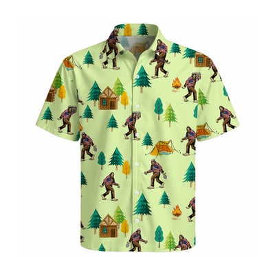 Mens Sasquatch Camping Hawaiian Button Up Shirt
